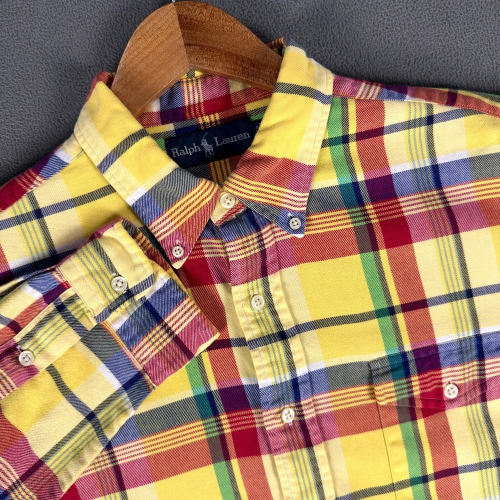 Ralph Lauren Shirt Mens Large Yellow Red Colorful Plaid Cotton Twill Work Pocket